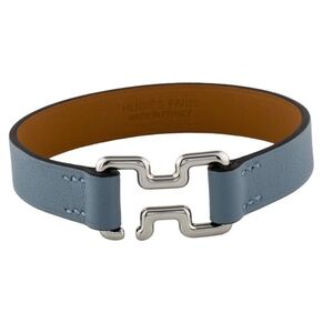 New Hermes Leather Tonight H Logo Bracelet Wrap Blue and Silver